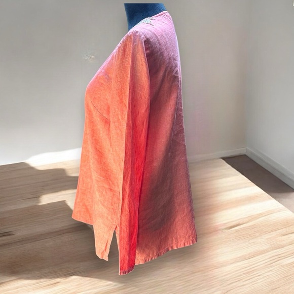 Lands’ End S Coral Linen Tunic Top Boho Embroidered Henley - Picture 5 of 10